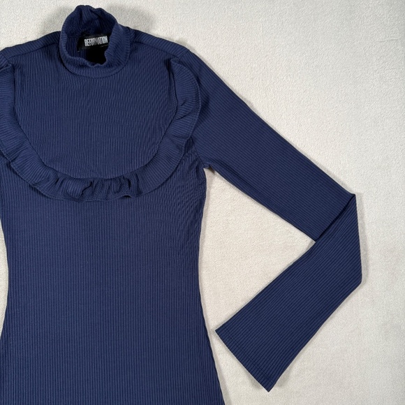 Reformation Dress Womens Small Navy Greer Mock Neck Ribbed Long Sleeve Mini - Picture 3 of 13